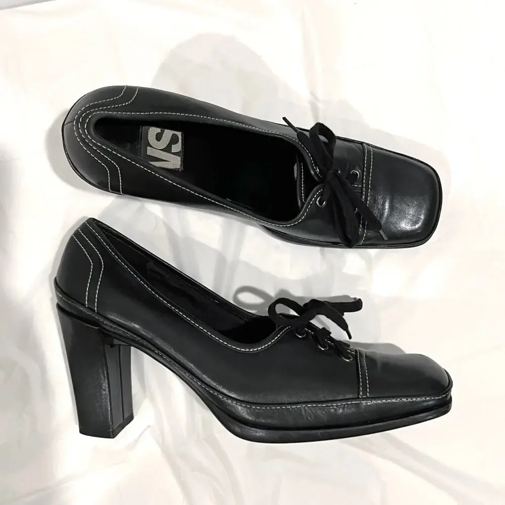 Vintage 90s Lace Up Oxford Size 8.5 Black Leather Square Toe Heels VS Macbeth - Picture 12 of 15